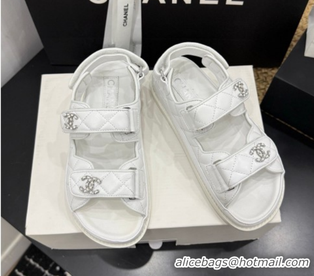 Buy Discount Chanel Lambskin Leather Strap Flat Slides Sandal with Chain CC CH030614 White 2026