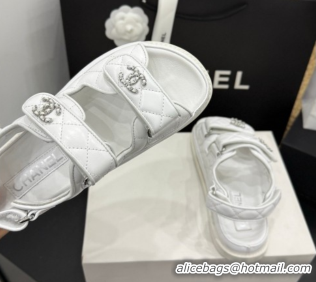 Buy Discount Chanel Lambskin Leather Strap Flat Slides Sandal with Chain CC CH030614 White 2026