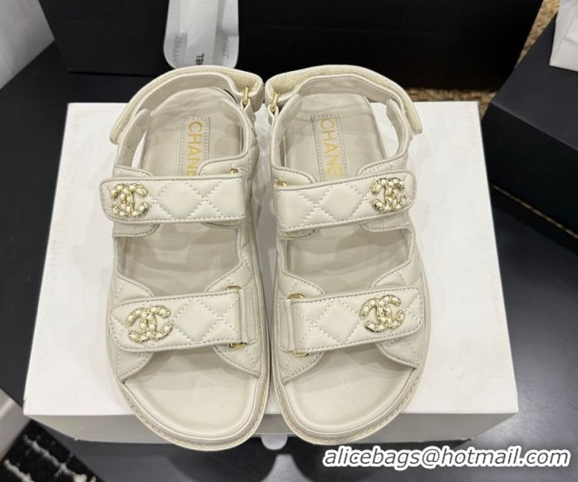 Durable Chanel Lambskin Leather Strap Flat Slides Sandal with Chain CC CH030614 Ivory 2026