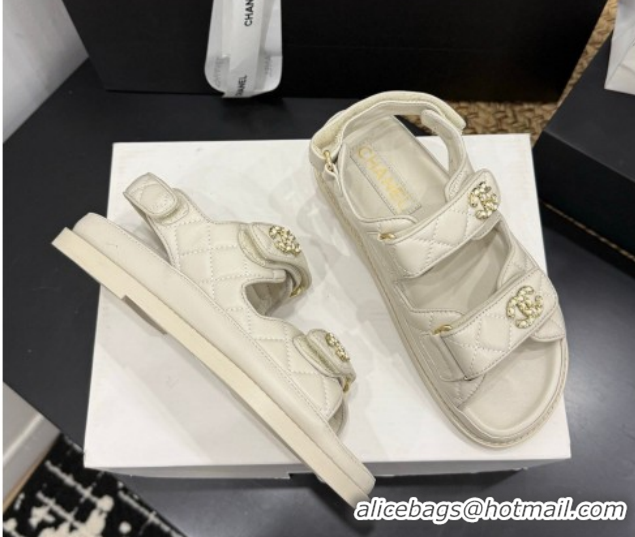 Durable Chanel Lambskin Leather Strap Flat Slides Sandal with Chain CC CH030614 Ivory 2026