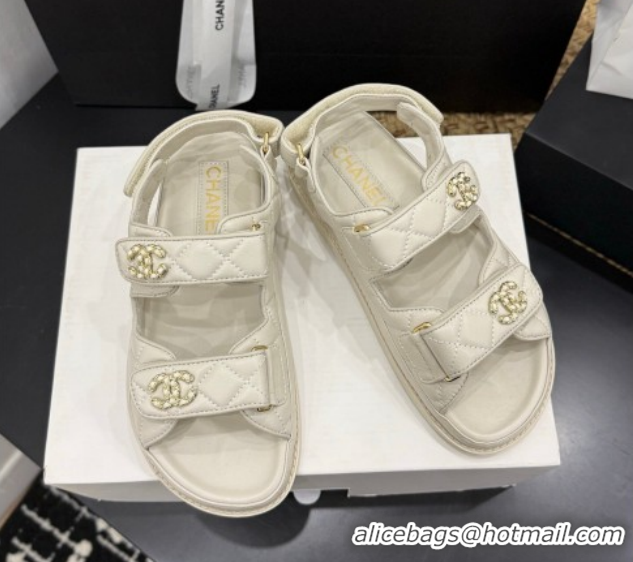 Durable Chanel Lambskin Leather Strap Flat Slides Sandal with Chain CC CH030614 Ivory 2026
