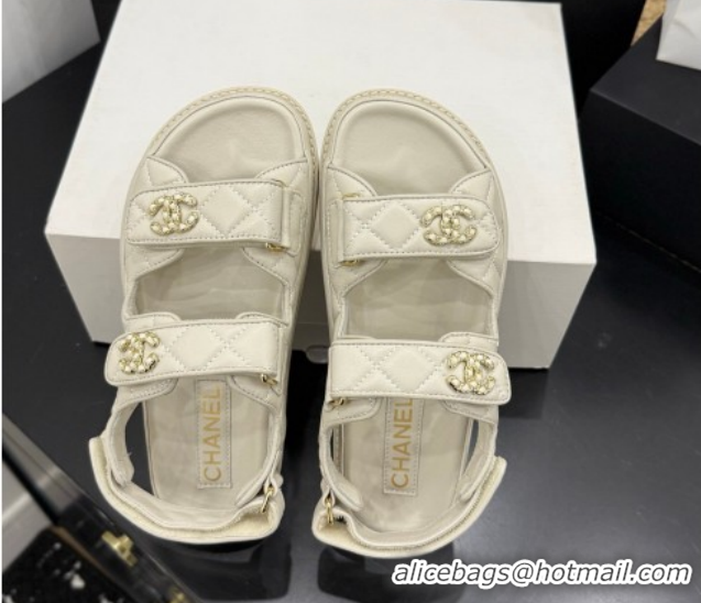 Durable Chanel Lambskin Leather Strap Flat Slides Sandal with Chain CC CH030614 Ivory 2026
