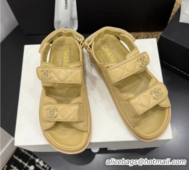 Luxurious Chanel Lambskin Leather Strap Flat Slides Sandal with Chain CC CH030614 Beige 2026