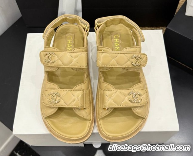 Luxurious Chanel Lambskin Leather Strap Flat Slides Sandal with Chain CC CH030614 Beige 2026