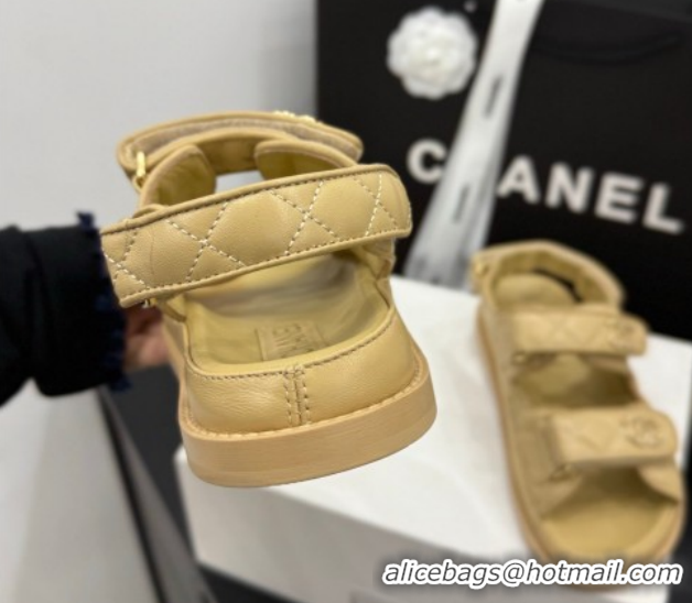 Luxurious Chanel Lambskin Leather Strap Flat Slides Sandal with Chain CC CH030614 Beige 2026