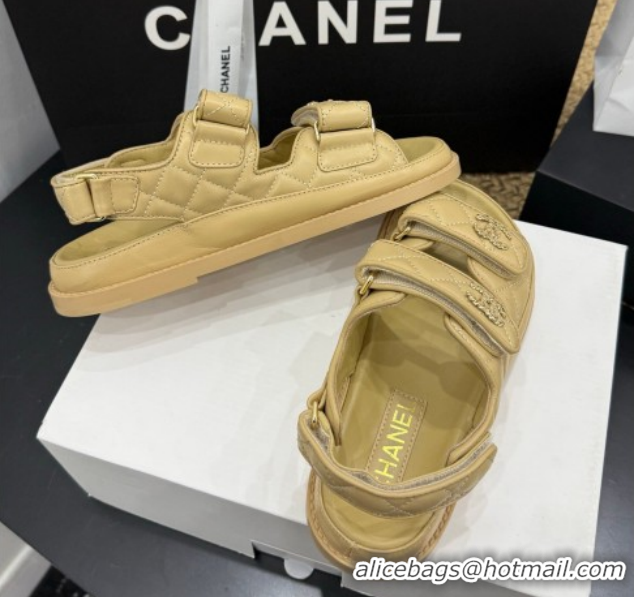 Luxurious Chanel Lambskin Leather Strap Flat Slides Sandal with Chain CC CH030614 Beige 2026