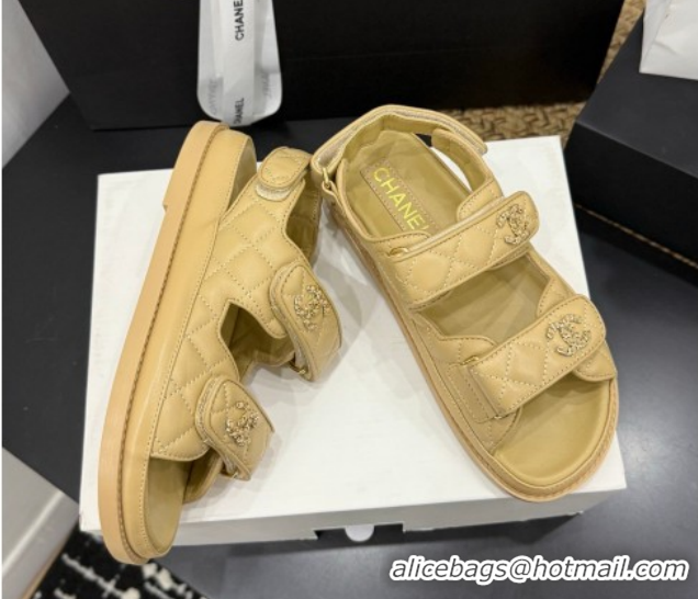 Luxurious Chanel Lambskin Leather Strap Flat Slides Sandal with Chain CC CH030614 Beige 2026