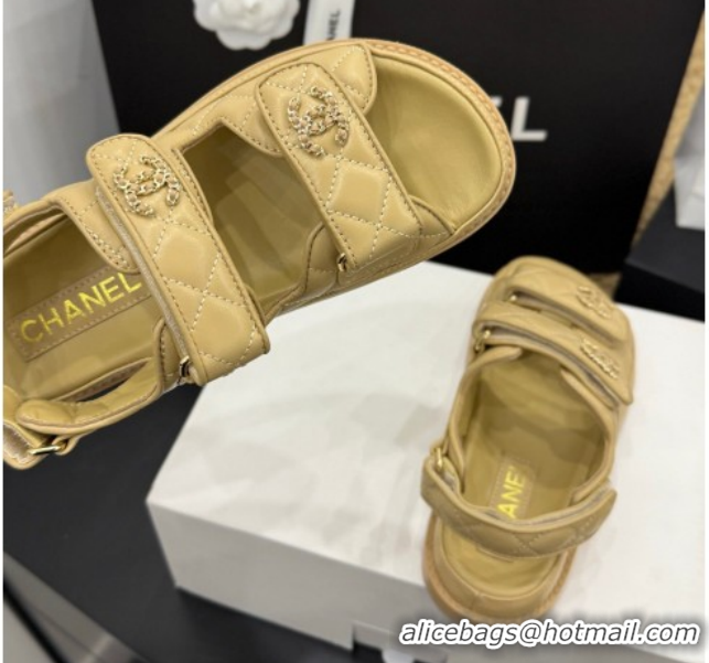 Luxurious Chanel Lambskin Leather Strap Flat Slides Sandal with Chain CC CH030614 Beige 2026