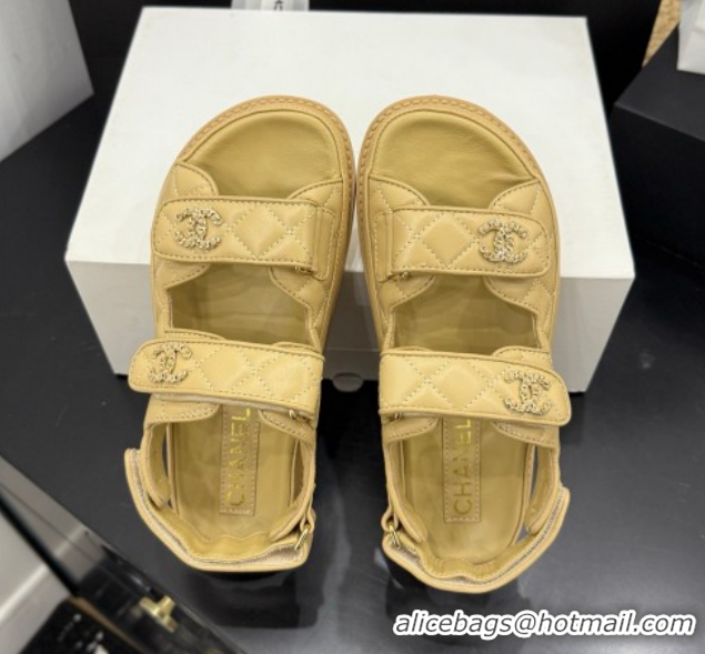 Luxurious Chanel Lambskin Leather Strap Flat Slides Sandal with Chain CC CH030614 Beige 2026