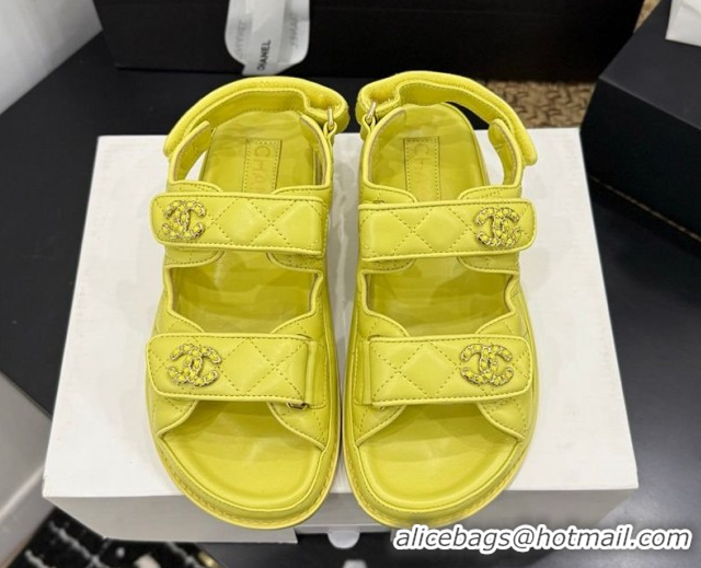Cheap Price Chanel Lambskin Leather Strap Flat Slides Sandal with Chain CC CH030614 Yellow 2026