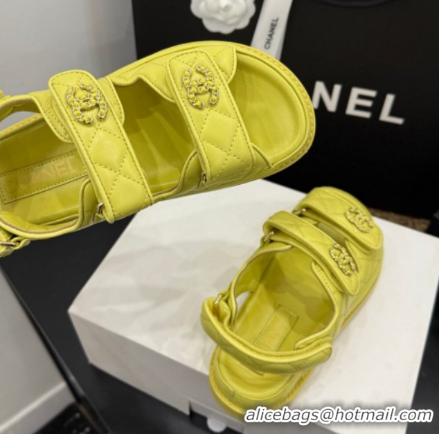 Cheap Price Chanel Lambskin Leather Strap Flat Slides Sandal with Chain CC CH030614 Yellow 2026