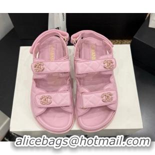 Luxury Chanel Lambskin Leather Strap Flat Slides Sandal with Chain CC CH030614 Light Pink 2026