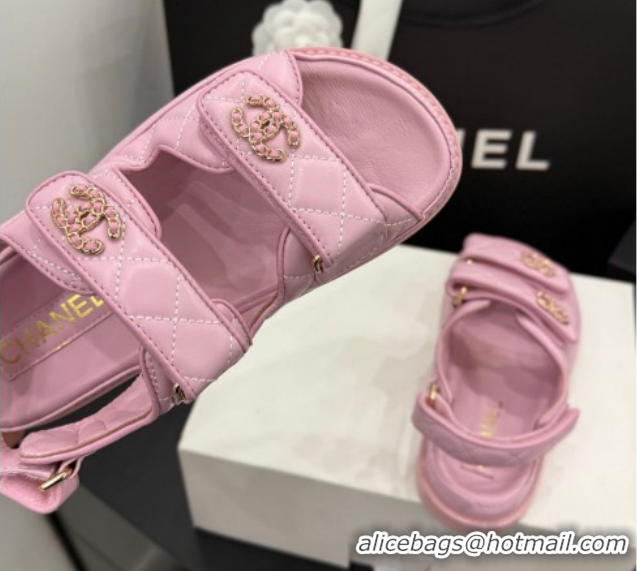 Luxury Chanel Lambskin Leather Strap Flat Slides Sandal with Chain CC CH030614 Light Pink 2026