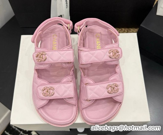 Luxury Chanel Lambskin Leather Strap Flat Slides Sandal with Chain CC CH030614 Light Pink 2026