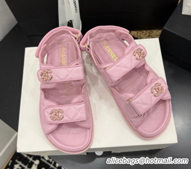 Luxury Chanel Lambskin Leather Strap Flat Slides Sandal with Chain CC CH030614 Light Pink 2026