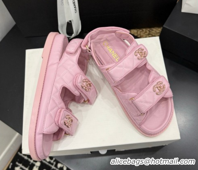 Luxury Chanel Lambskin Leather Strap Flat Slides Sandal with Chain CC CH030614 Light Pink 2026