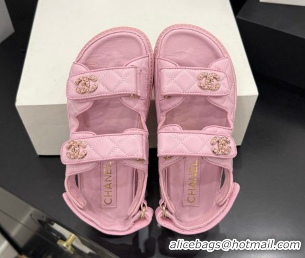 Luxury Chanel Lambskin Leather Strap Flat Slides Sandal with Chain CC CH030614 Light Pink 2026
