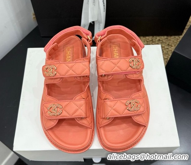 Perfect Chanel Lambskin Leather Strap Flat Sandals with Chain CC CH030614 Orange 2026