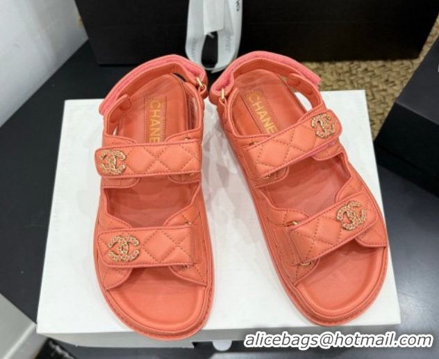 Perfect Chanel Lambskin Leather Strap Flat Sandals with Chain CC CH030614 Orange 2026