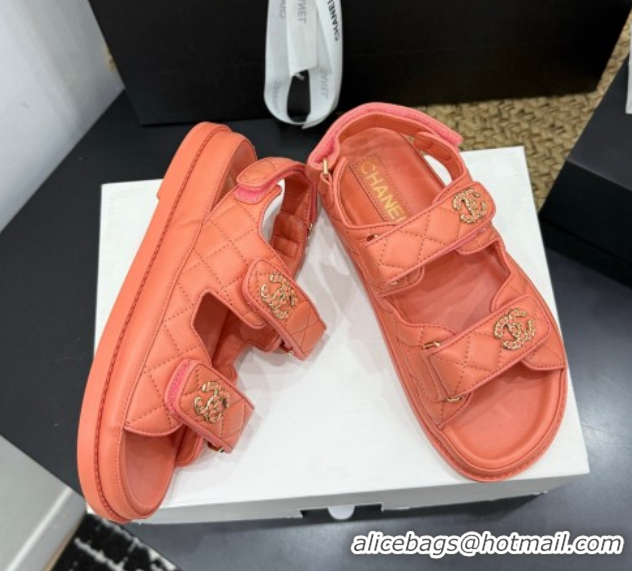 Perfect Chanel Lambskin Leather Strap Flat Sandals with Chain CC CH030614 Orange 2026