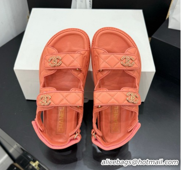 Perfect Chanel Lambskin Leather Strap Flat Sandals with Chain CC CH030614 Orange 2026