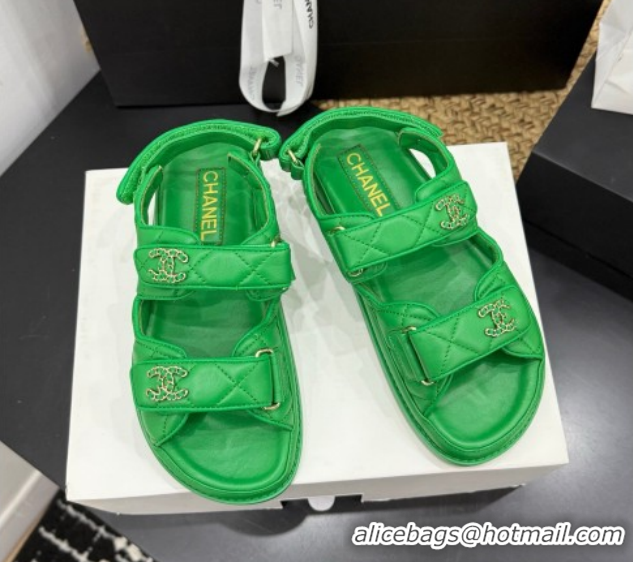 Buy Discount Chanel Lambskin Leather Strap Flat Sandals with Chain CC CH030614 Green 2026