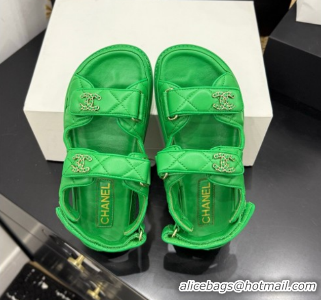 Buy Discount Chanel Lambskin Leather Strap Flat Sandals with Chain CC CH030614 Green 2026