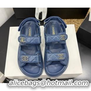 Top Grade Chanel Lambskin Leather Strap Flat Sandals with Chain CC CH030614 Dark Blue 2026