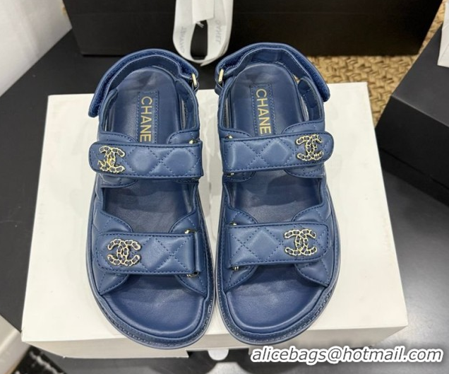 Top Grade Chanel Lambskin Leather Strap Flat Sandals with Chain CC CH030614 Dark Blue 2026