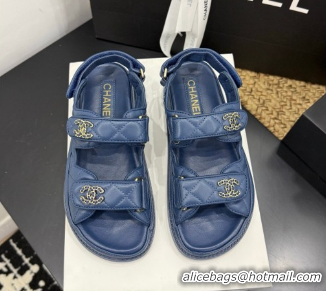 Top Grade Chanel Lambskin Leather Strap Flat Sandals with Chain CC CH030614 Dark Blue 2026