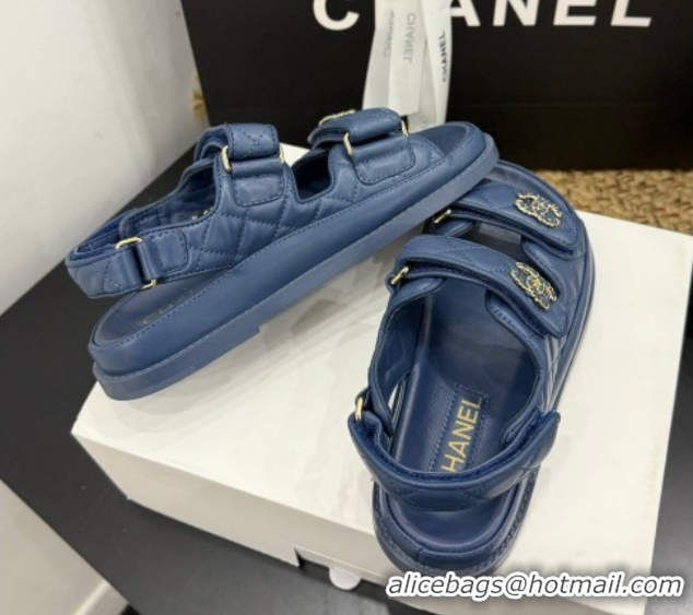 Top Grade Chanel Lambskin Leather Strap Flat Sandals with Chain CC CH030614 Dark Blue 2026