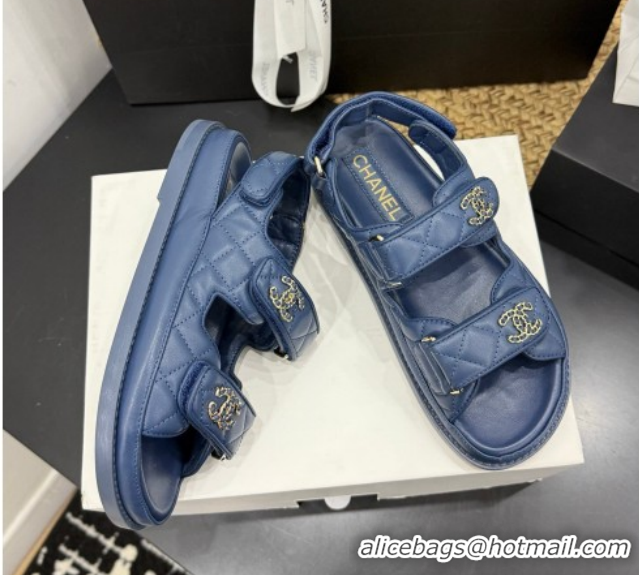 Top Grade Chanel Lambskin Leather Strap Flat Sandals with Chain CC CH030614 Dark Blue 2026