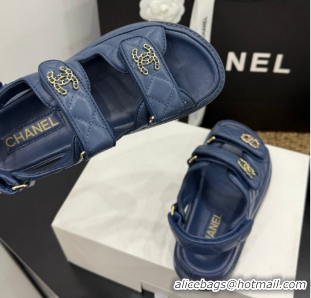 Top Grade Chanel Lambskin Leather Strap Flat Sandals with Chain CC CH030614 Dark Blue 2026