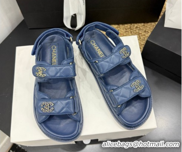 Top Grade Chanel Lambskin Leather Strap Flat Sandals with Chain CC CH030614 Dark Blue 2026