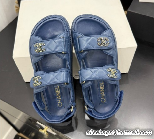Top Grade Chanel Lambskin Leather Strap Flat Sandals with Chain CC CH030614 Dark Blue 2026