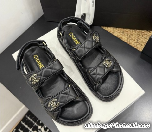 Top Design Chanel Lambskin Leather Strap Flat Sandals with Chain CC CH030614 Black 2026