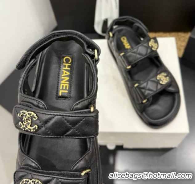 Top Design Chanel Lambskin Leather Strap Flat Sandals with Chain CC CH030614 Black 2026