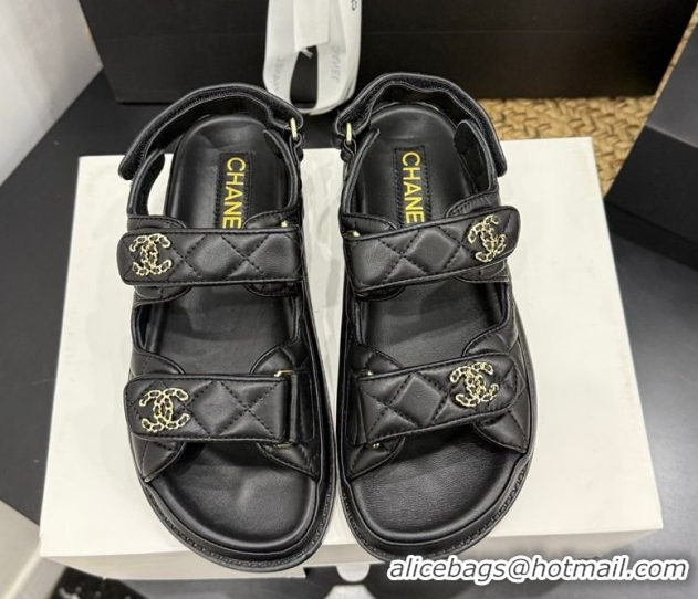 Top Design Chanel Lambskin Leather Strap Flat Sandals with Chain CC CH030614 Black 2026