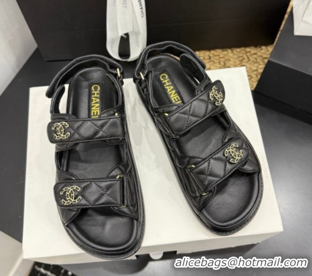 Top Design Chanel Lambskin Leather Strap Flat Sandals with Chain CC CH030614 Black 2026