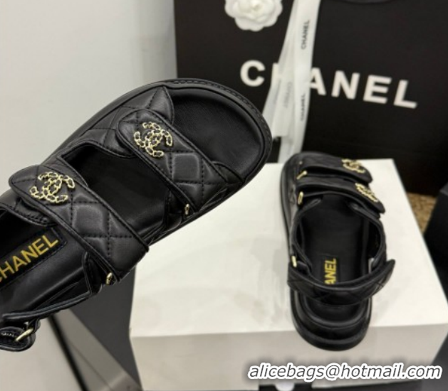 Top Design Chanel Lambskin Leather Strap Flat Sandals with Chain CC CH030614 Black 2026