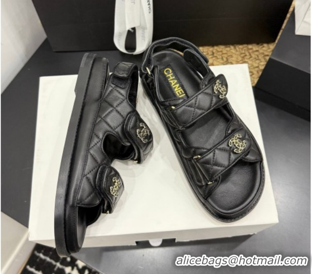 Top Design Chanel Lambskin Leather Strap Flat Sandals with Chain CC CH030614 Black 2026