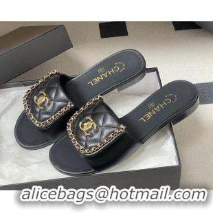 Unique Style Chanel Lambskin Leather Flat Slides Sandal with Chain with Foldover G45474 Black 2026