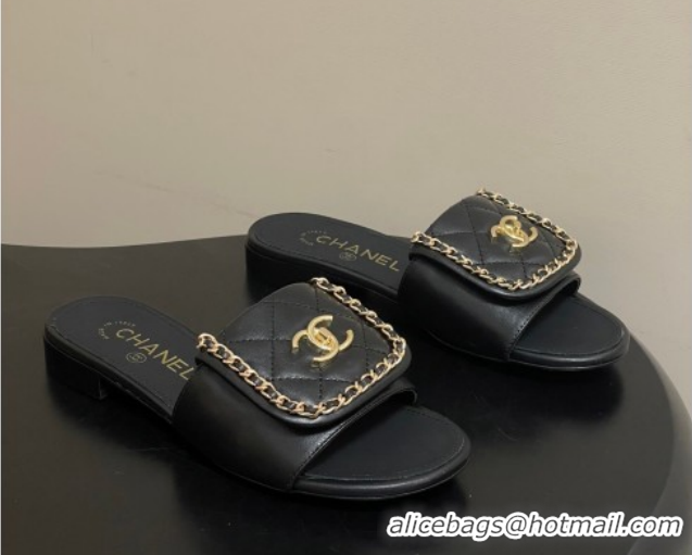 Unique Style Chanel Lambskin Leather Flat Slides Sandal with Chain with Foldover G45474 Black 2026