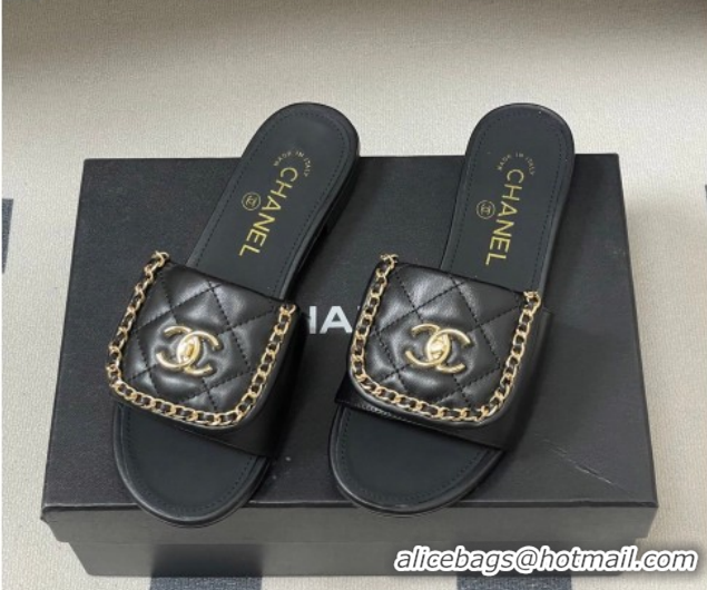 Unique Style Chanel Lambskin Leather Flat Slides Sandal with Chain with Foldover G45474 Black 2026