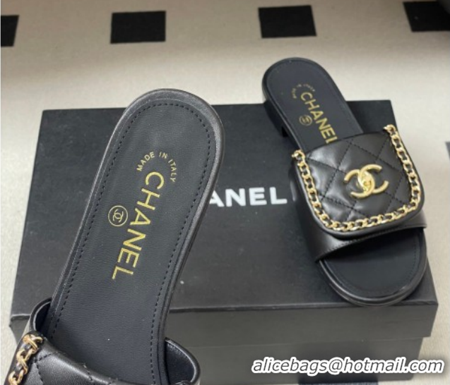 Unique Style Chanel Lambskin Leather Flat Slides Sandal with Chain with Foldover G45474 Black 2026