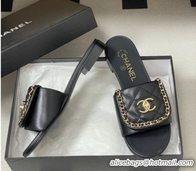Unique Style Chanel Lambskin Leather Flat Slides Sandal with Chain with Foldover G45474 Black 2026