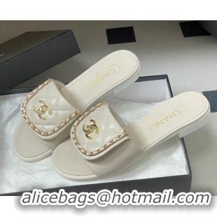 Best Grade Chanel Lambskin Leather Flat Slides Sandal with Chain with Foldover G45474 White 2026