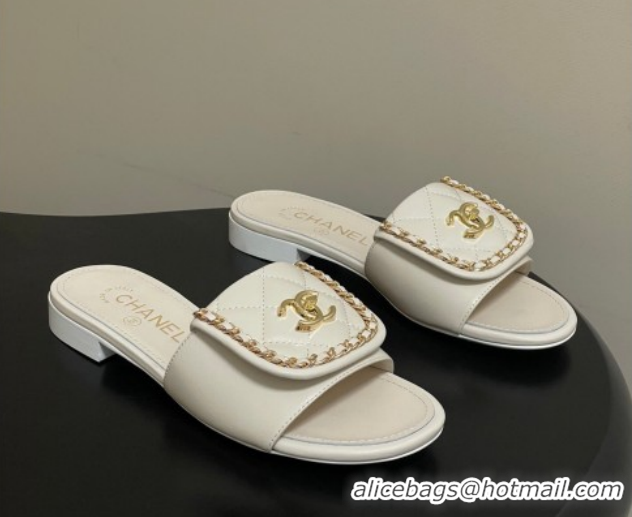 Best Grade Chanel Lambskin Leather Flat Slides Sandal with Chain with Foldover G45474 White 2026