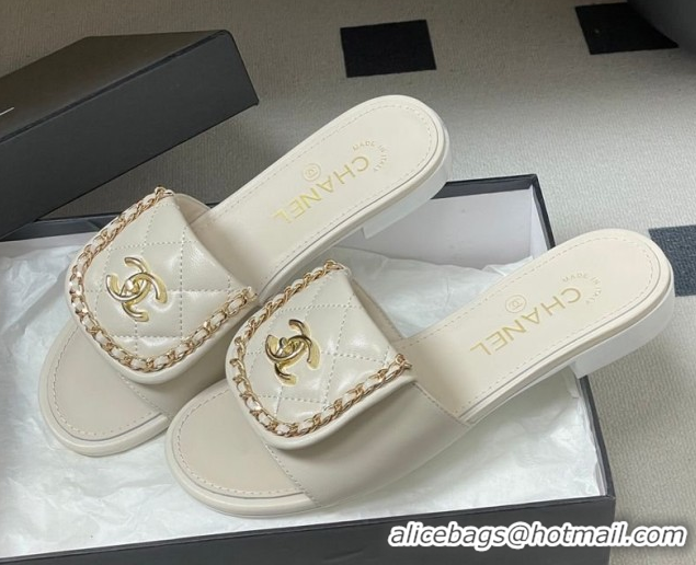 Best Grade Chanel Lambskin Leather Flat Slides Sandal with Chain with Foldover G45474 White 2026