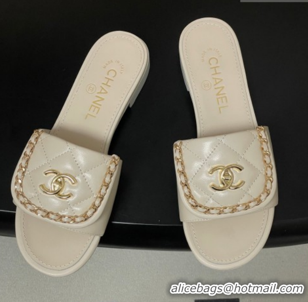 Best Grade Chanel Lambskin Leather Flat Slides Sandal with Chain with Foldover G45474 White 2026